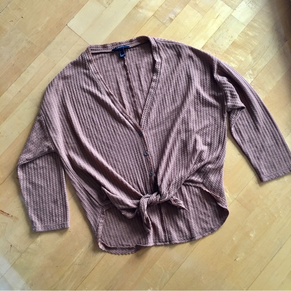 Forever 21 High-Low Front Tie Knot Cardigan, Tan, Size S